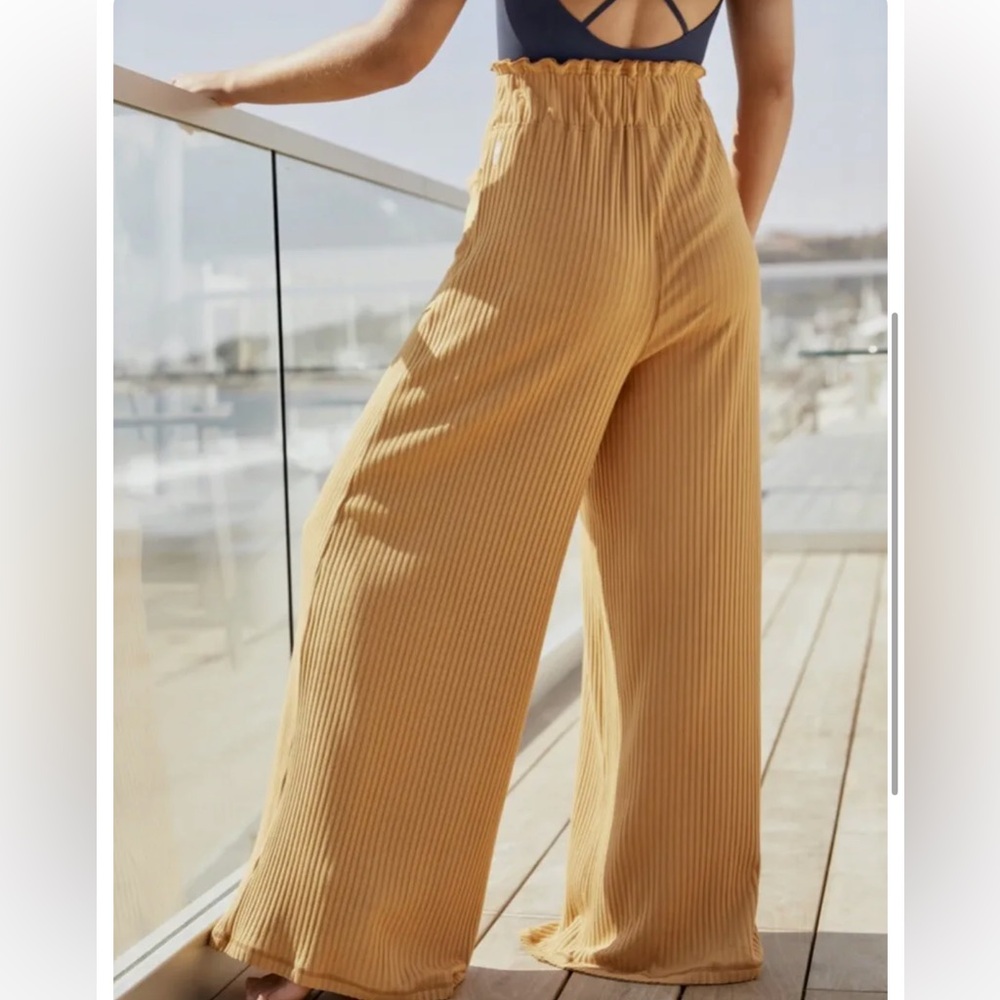 Free People Orange Ribbed Wide Leg Ruffle Waist Pants - Picture 2 of 6